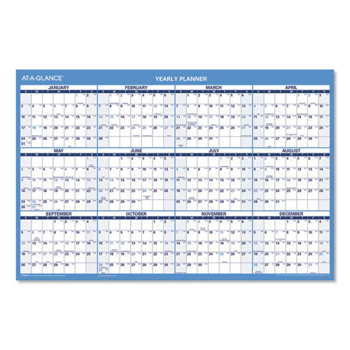 Horizontal Erasable Wall Planner, 36 X 24, Blue-white Ry, Red-white Ay, 2020-2021