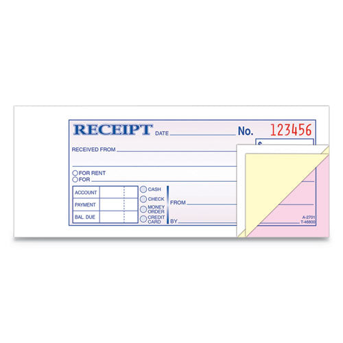 Receipt Book, 2 3-4 X 7 3-16, Three-part Carbonless, 50 Forms