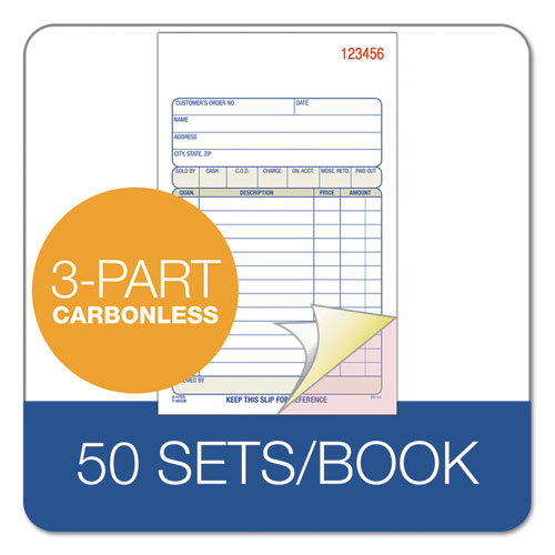 Carbonless Sales Order Book, Three-part Carbonless, 4-3-16 X 7 3-16, 50 Sheets