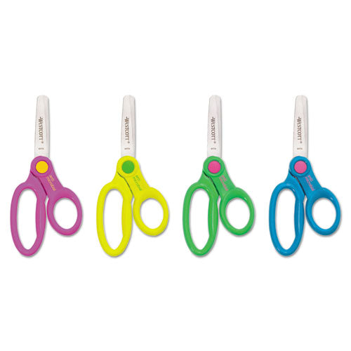 Kids' Scissors With Antimicrobial Protection, Rounded Tip, 5" Long, 2" Cut Length, Randomly Assorted Straight Handles