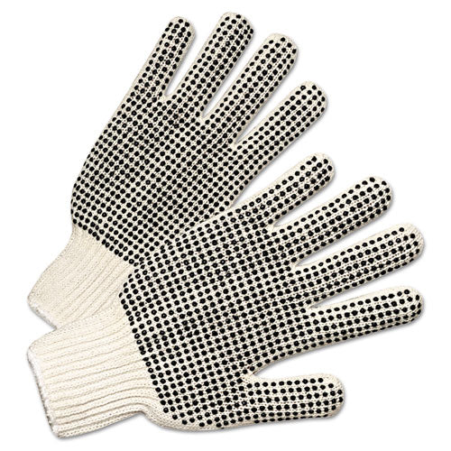 Pvc-dotted String Knit Gloves, Natural White-black, Large, 12 Pairs