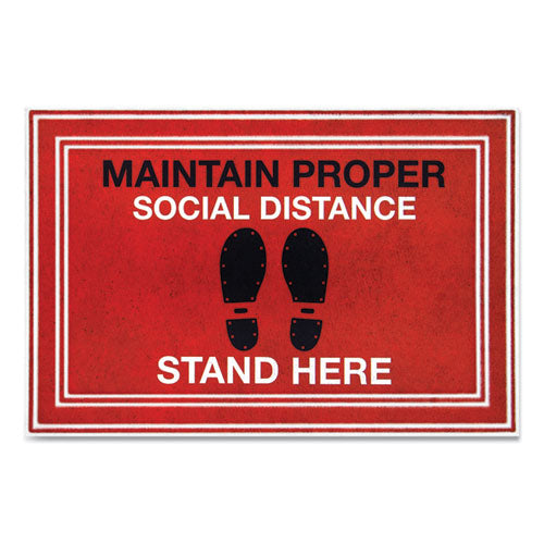 Message Floor Mats, 24 X 36, Red-black, "maintain Social Distance Stand Here"