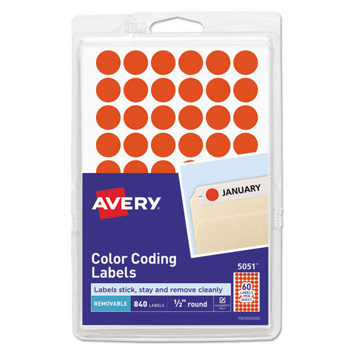 Handwrite Only Self-adhesive Removable Round Color-coding Labels, 0.5" Dia., Neon Red, 60-sheet, 14 Sheets-pack, (5051)