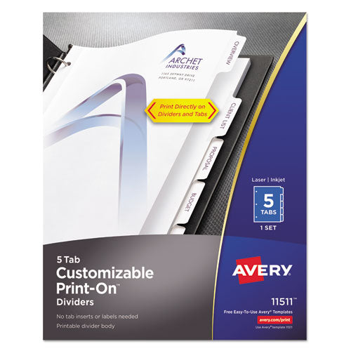 Customizable Print-on Dividers, Letter, 5-tabs-set, 25 Sets-pack