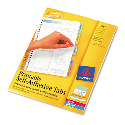 Printable Plastic Tabs With Repositionable Adhesive, 1-5-cut Tabs, Assorted Colors, 1.25" Wide, 96-pack