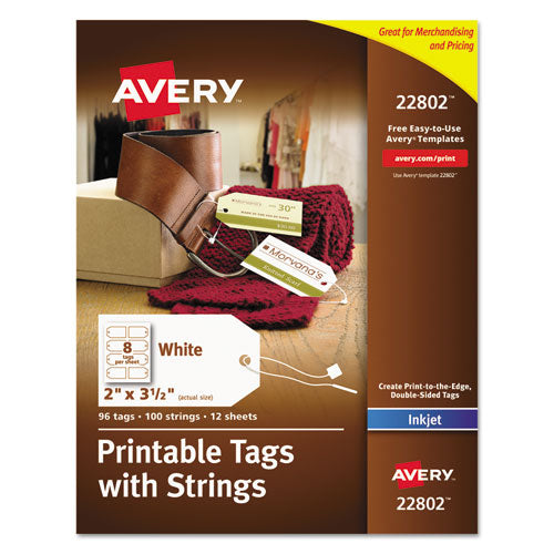 Printable Rectangular Tags With Strings, 2 X 3 1-2, Matte White, 96-pack