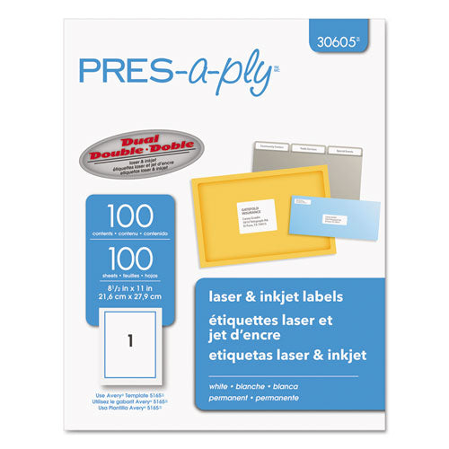 Labels, Laser Printers, 8.5 X 11, White, 100-box