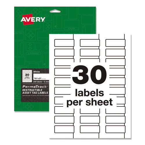 Permatrack Destructible Asset Tag Labels, Laser Printers, 0.75 X 2, White, 30-sheet, 8 Sheets-pack
