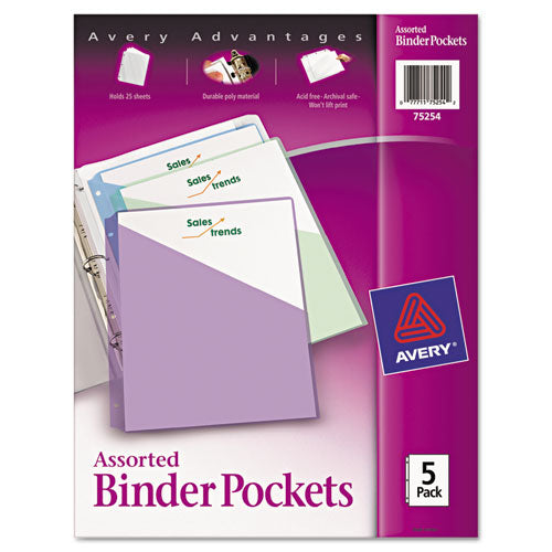 Binder Pockets, 3-hole Punched, 9 1-4 X 11, Assorted Colors, 5-pack