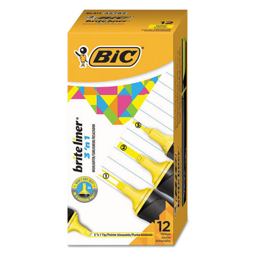 Brite Liner 3 'n 1 Highlighters, 3 'n 1 Chisel Tip, Yellow, Dozen