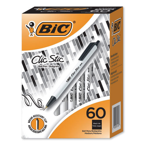 Clic Stic Retractable Ballpoint Pen, Medium 1.2 Mm, Black Ink, White Barrel, 60-pack