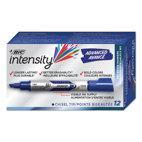 Intensity Tank-style Advanced Dry Erase Marker, Broad Chisel Tip, Blue, Dozen