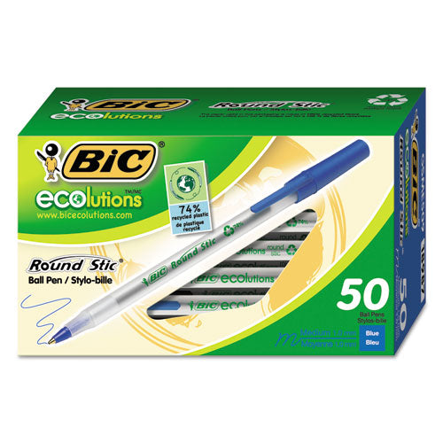 Ecolutions Round Stic Stick Ballpoint Pen, 1mm, Blue Ink, Clear Barrel, 50-pack
