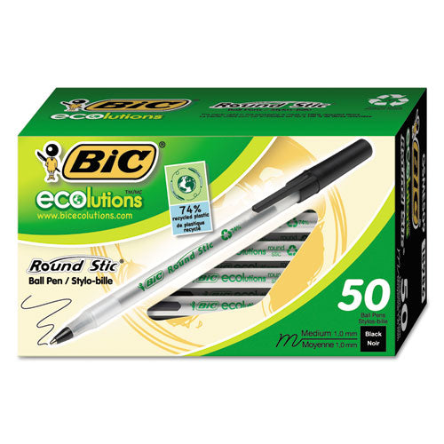 Ecolutions Round Stic Stick Ballpoint Pen, 1mm, Black Ink, Clear Barrel, 50-pack