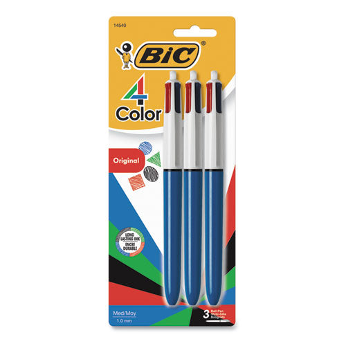 4-color Retractable Ballpoint Pen, 1 Mm, Black-blue-green-red Ink, Blue Barrel, 3-pack