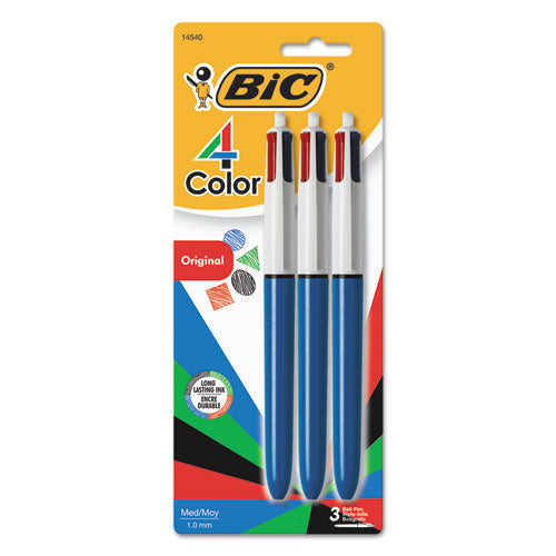 4-color Retractable Ballpoint Pen, 1 Mm, Black-blue-green-red Ink, Blue Barrel, 3-pack