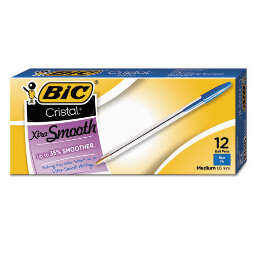 Cristal Xtra Smooth Stick Ballpoint Pen, 1mm, Blue Ink, Clear Barrel, Dozen
