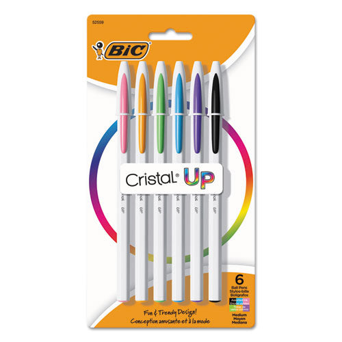 Cristal Up Stick Ballpoint Pen, Medium 1.2mm, Assorted Ink, White Barrel, 6-pack
