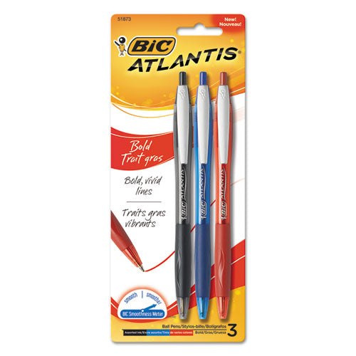 Atlantis Bold Retractable Ballpoint Pen, Bold 1.6mm, Assorted Ink-barrel, 3-pack