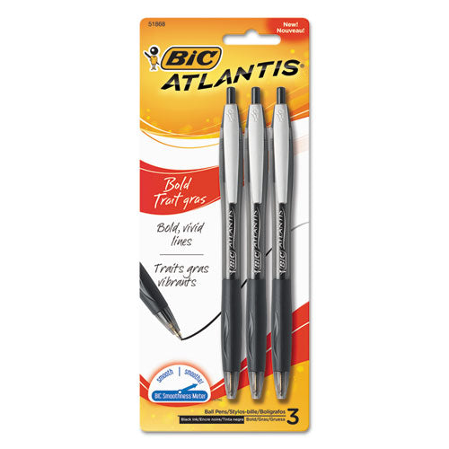 Atlantis Bold Retractable Ballpoint Pen, Bold 1.6mm, Black Ink-barrel, 3-pack