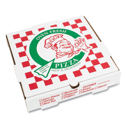 Corrugated Kraft Pizza Boxes, B-flute, White-red-green, 18" Pizza, 18 X 18 X 2.5, 50-carton