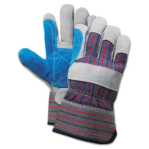 Cow Split Leather Double Palm Gloves, Gray-blue, Large, 1 Dozen