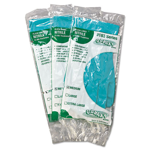 Flock-lined Nitrile Gloves, Medium, Green, Dozen