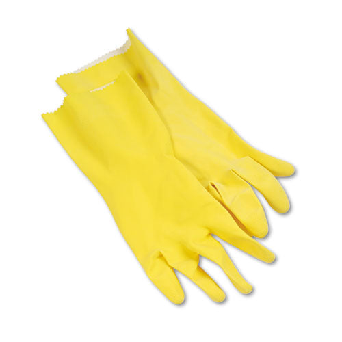 Flock-lined Latex Cleaning Gloves, Large, Yellow, 12 Pairs