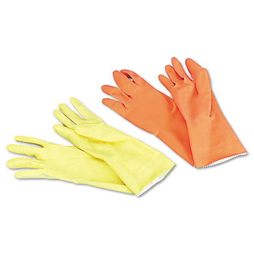 Flock-lined Latex Cleaning Gloves, Medium, Yellow, 12 Pairs