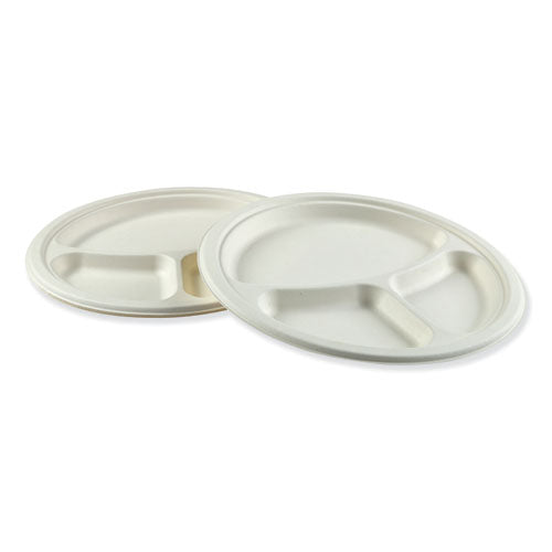 Bagasse Molded Fiber Dinnerware, 3-compartment Plate, 10" Diameter, White, 500-carton