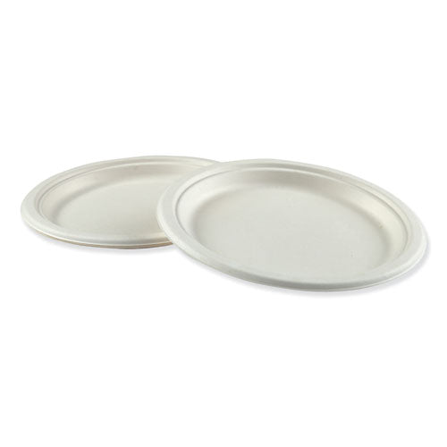 Bagasse Molded Fiber Dinnerware, Plate, 9" Diameter, White, 500-carton