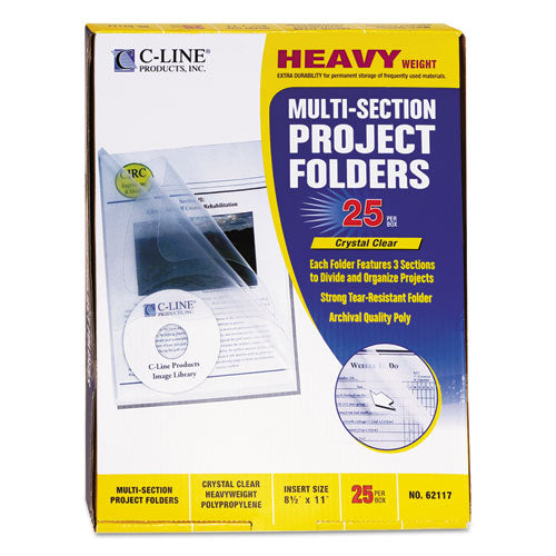 Multi-section Project Folders W- Clear Dividers, 3-sections, 1-3-cut Tab, Letter Size, Clear, 25-box