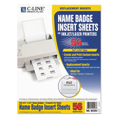 Name Badge Inserts, 3 1-2 X 2 1-4, White, 56-pack