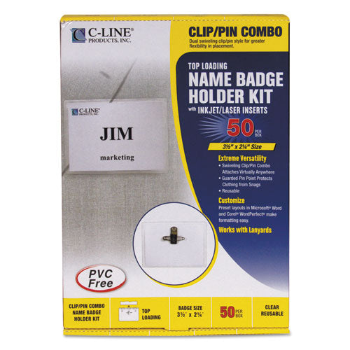 Name Badge Kits, Top Load, 3 1-2 X 2 1-4, Clear, Combo Clip-pin, 50-box