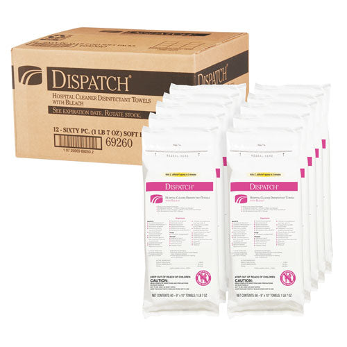 Dispatch Cleaner Disinfectant Towels With Bleach, 9 X 10, 60-pack, 12 Pks-carton