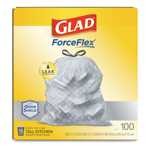 Forceflexplus Tall Kitchen Drawstring Trash Bags, 13 Gal, 0.72 Mil, 23.75" X 24.88", White, 100-box