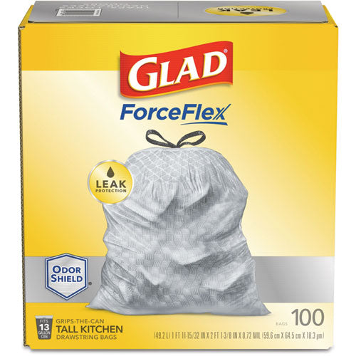 Forceflexplus Tall Kitchen Drawstring Trash Bags, 13 Gal, 0.72 Mil, 23.75" X 24.88", White, 100-box