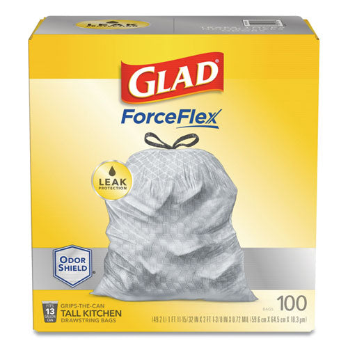 Forceflexplus Tall Kitchen Drawstring Trash Bags, 13 Gal, 0.72 Mil, 23.75" X 24.88", White, 100-box
