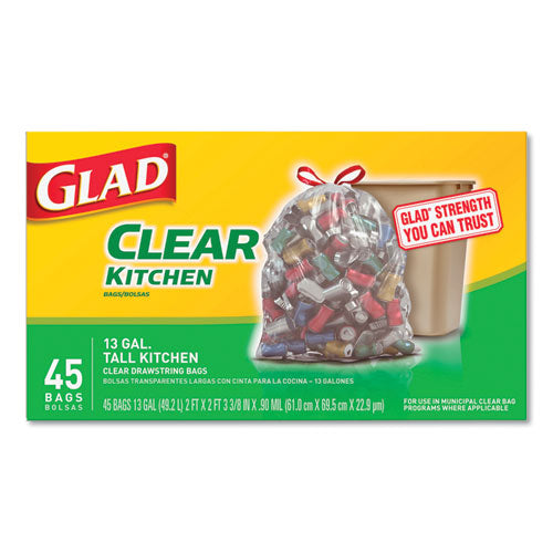 Recycling Tall Kitchen Drawstring Trash Bags, 13 Gal, 0.9 Mil, 24" X 27.38", Clear, 180-carton