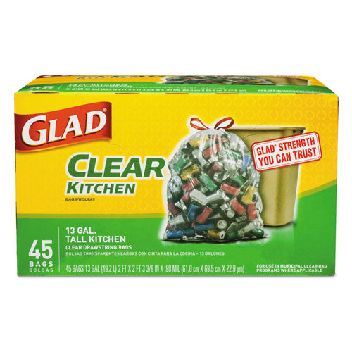 Recycling Tall Kitchen Drawstring Trash Bags, 13 Gal, 0.9 Mil, 24" X 27.38", Clear, 45-box