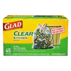 Recycling Tall Kitchen Drawstring Trash Bags, 13 Gal, 0.9 Mil, 24" X 27.38", Clear, 45-box
