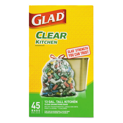 Recycling Tall Kitchen Drawstring Trash Bags, 13 Gal, 0.9 Mil, 24" X 27.38", Clear, 45-box