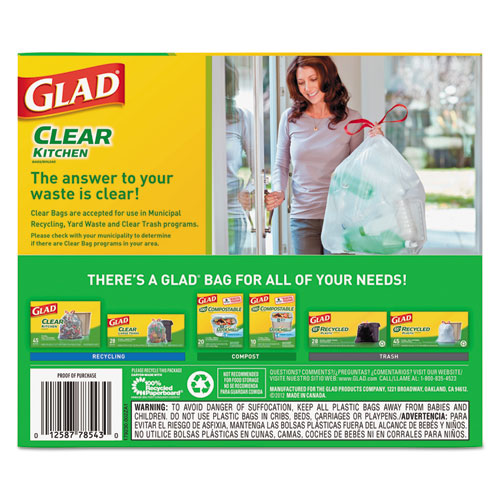 Recycling Tall Kitchen Drawstring Trash Bags, 13 Gal, 0.9 Mil, 24" X 27.38", Clear, 45-box