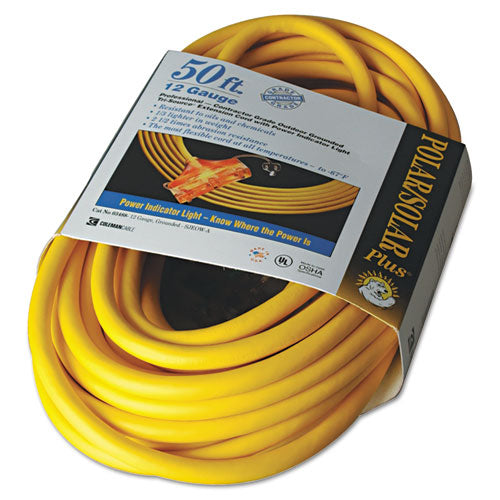 Polar-solar Outdoor Extension Cord, 50ft, Three-outlets, Yellow