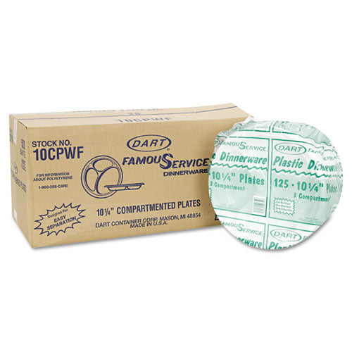 Famous Service Plastic Dinnerware, Plate, 3-comp, 10 1-4" Dia, White, 500-carton