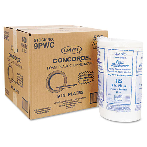Concorde Foam Plate, 9" Dia, White, 125-pack, 4 Packs-carton