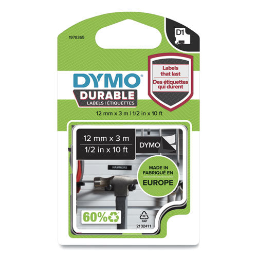 D1 Durable Labels, 0.5" X 10 Ft, White On Black