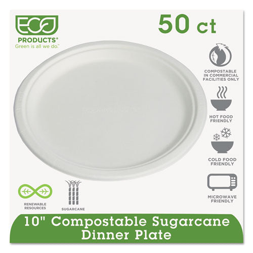 Compostable Sugarcane Dinnerware, 10" Plate, Natural White, 50-pack
