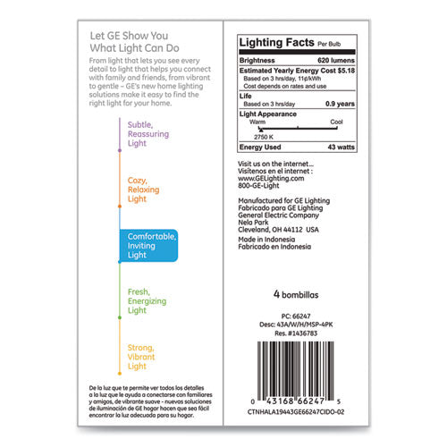 Dimmable Halogen A-line Bulb, 43 W, Soft White, 4-pack