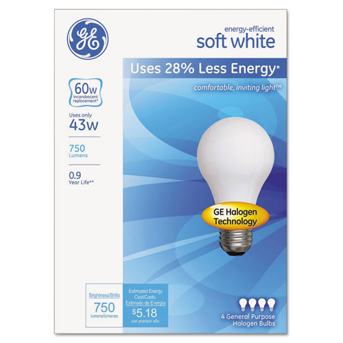 Dimmable Halogen A-line Bulb, 43 W, Soft White, 4-pack